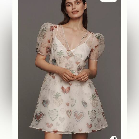 FARM Rio Sheer Puff-Sleeve Dress Printed Hearts Size Large NWT - Picture 1 of 7
